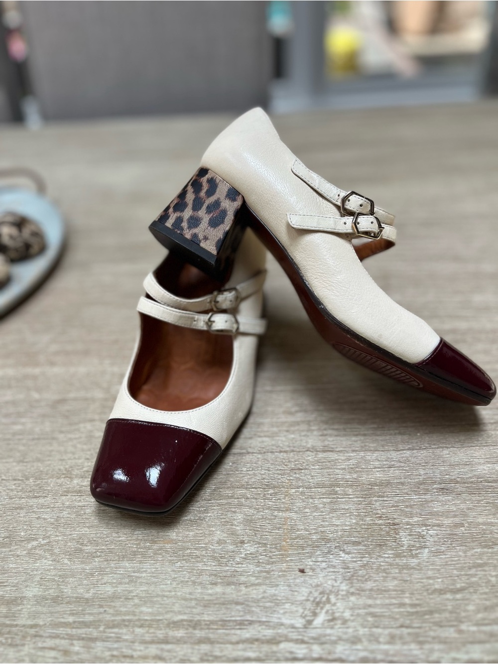 Chie Mahara Cream and Burgundy Mary Jane Pumps with Leopard Block Heel